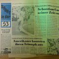 Auch ein ungewöhnliches Zeitzeugnis: Auf dem Schreibtisch aufgeschlagene Saarbrücker Zeitung mit dem Sportteil vom 13. Juli 1981, der über einen Fabelweltrekord des Briten Sebastian Coe über 1.000 Meter berichtet.